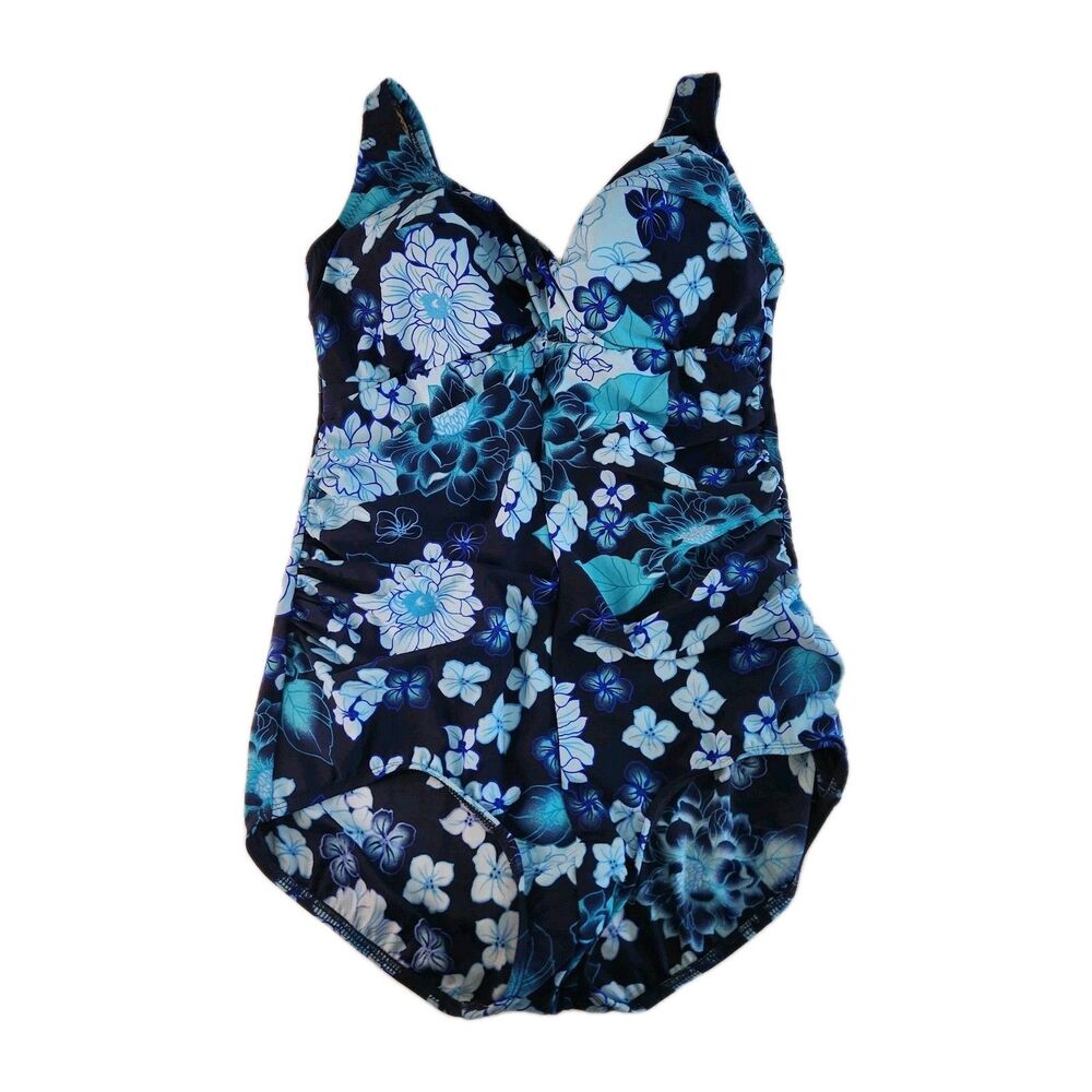 T.H.E. One Piece Blue Floral Swimsuit New With Tags Tummy Slimming  Women SZ 18